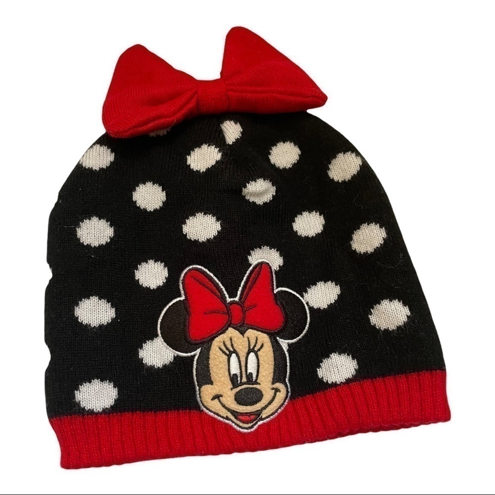 𝅺MINNIE Mouse knit polka dot hat Red bow at top and red head band Minnie patch
